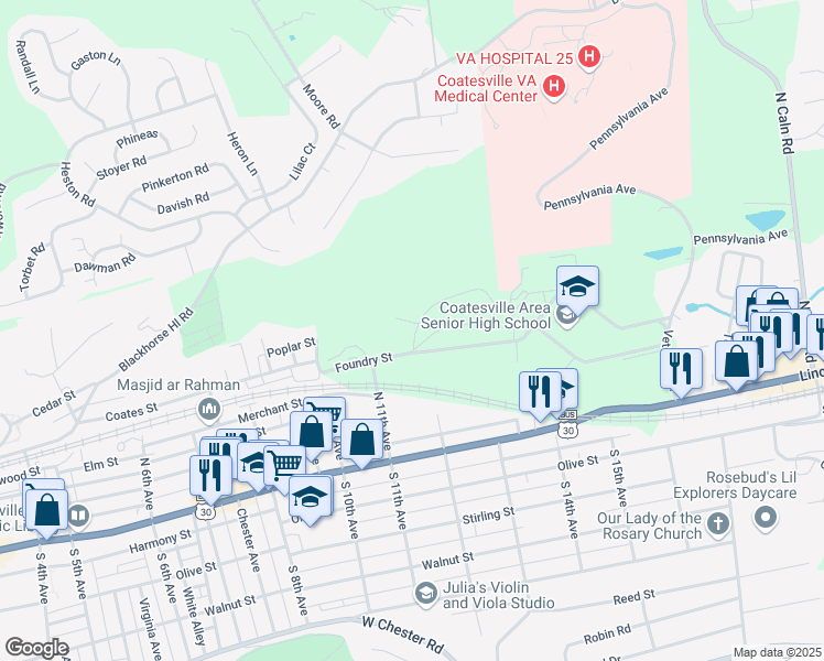 map of restaurants, bars, coffee shops, grocery stores, and more near 7 Carver Court in Coatesville