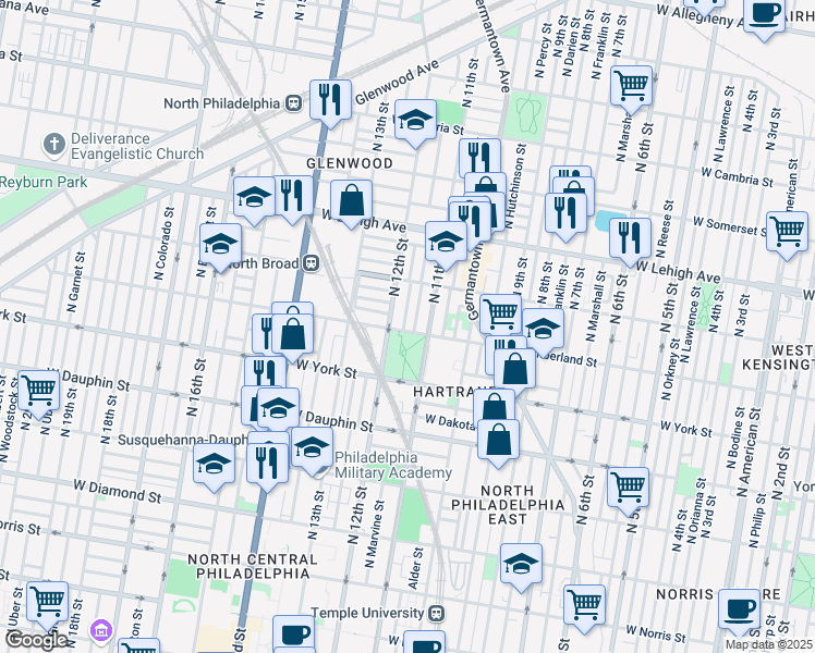 map of restaurants, bars, coffee shops, grocery stores, and more near in Philadelphia