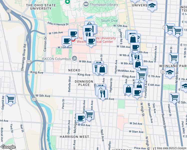 map of restaurants, bars, coffee shops, grocery stores, and more near King Ave & Neil Ave in Columbus