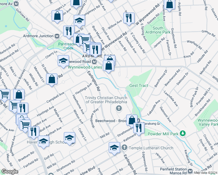 map of restaurants, bars, coffee shops, grocery stores, and more near 1735 Green Valley Road in Havertown