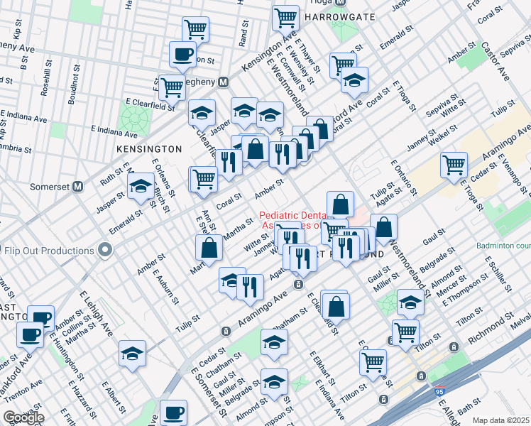 map of restaurants, bars, coffee shops, grocery stores, and more near 2142 East Clementine Street in Philadelphia