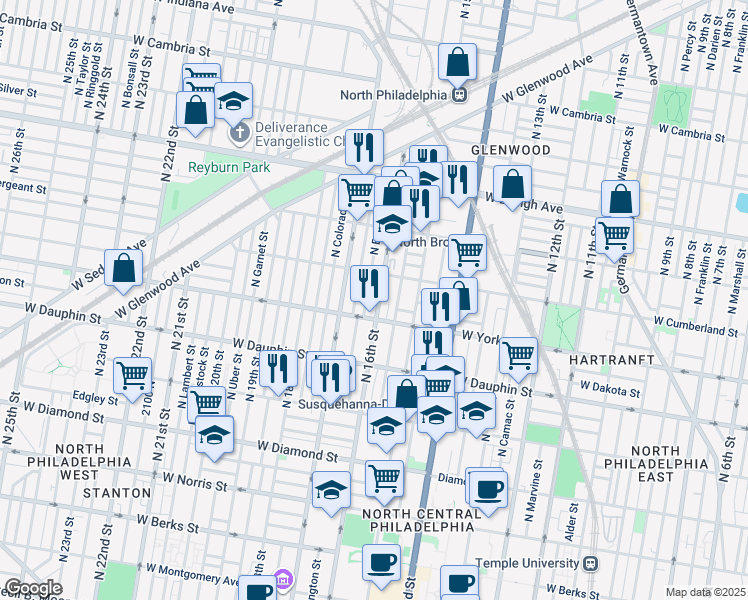 map of restaurants, bars, coffee shops, grocery stores, and more near 2424 North 16th Street in Philadelphia