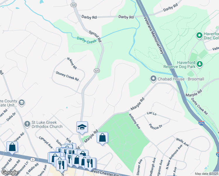 map of restaurants, bars, coffee shops, grocery stores, and more near 218 Foxcroft Road in Broomall