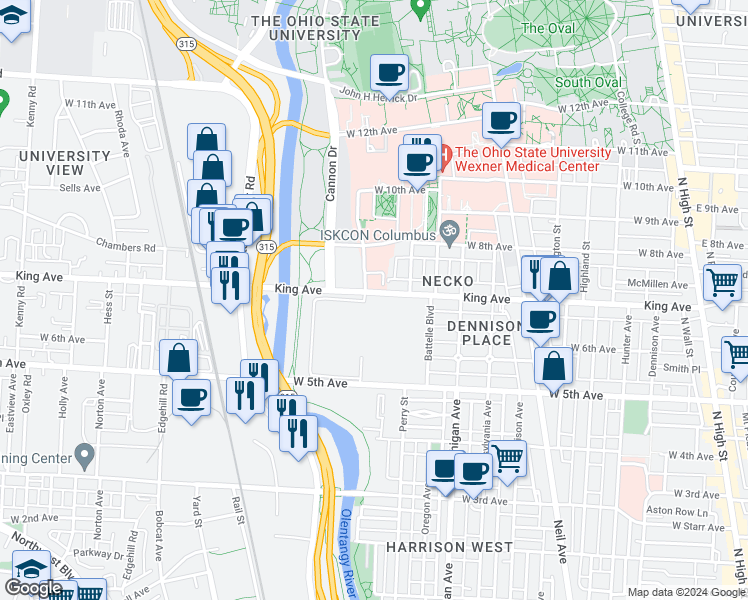 map of restaurants, bars, coffee shops, grocery stores, and more near 505 King Avenue in Columbus