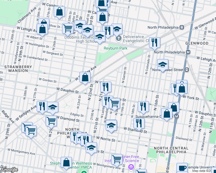 map of restaurants, bars, coffee shops, grocery stores, and more near 2355 North Lambert Street in Philadelphia