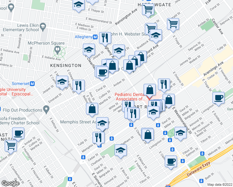 map of restaurants, bars, coffee shops, grocery stores, and more near 2140 East Clementine Street in Philadelphia
