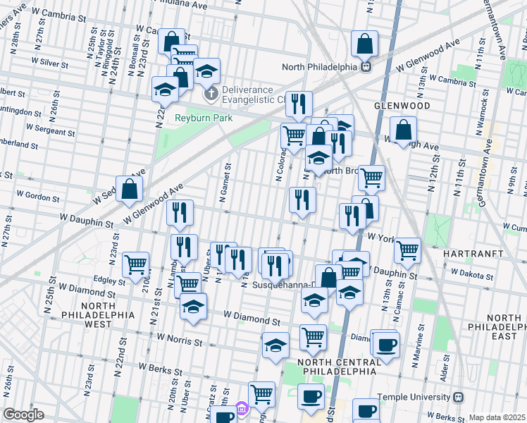 map of restaurants, bars, coffee shops, grocery stores, and more near 2410 North Bouvier Street in Philadelphia