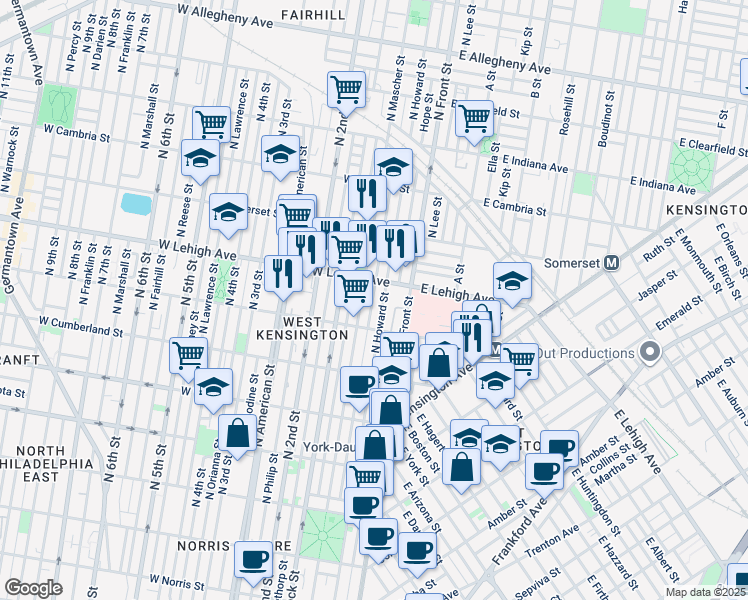 map of restaurants, bars, coffee shops, grocery stores, and more near 2659 Waterloo Street in Philadelphia