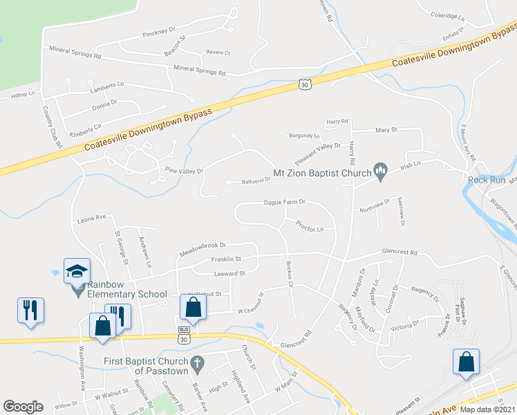 map of restaurants, bars, coffee shops, grocery stores, and more near 236 Dague Farm Drive in Coatesville
