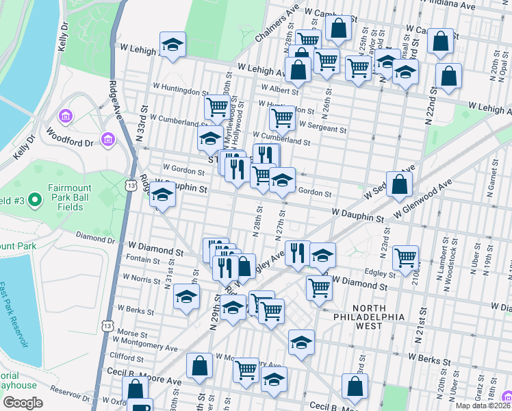 map of restaurants, bars, coffee shops, grocery stores, and more near 2226 North 28th Street in Philadelphia