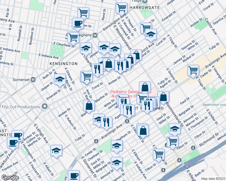 map of restaurants, bars, coffee shops, grocery stores, and more near 2142 East Clementine Street in Philadelphia