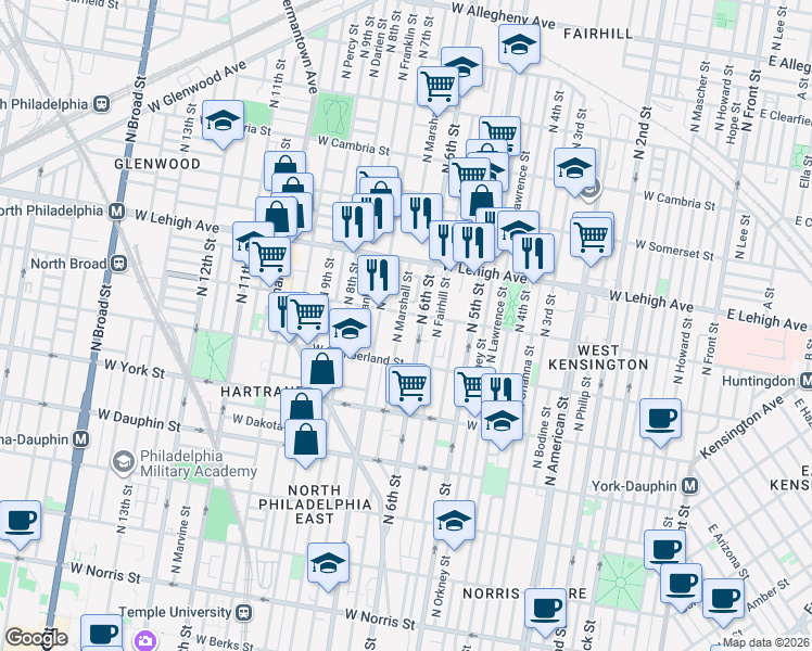 map of restaurants, bars, coffee shops, grocery stores, and more near 2533 North 6th Street in Philadelphia