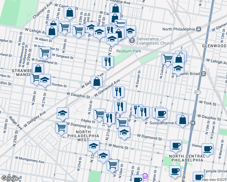 map of restaurants, bars, coffee shops, grocery stores, and more near 2346 North 21st Street in Philadelphia