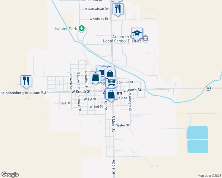 map of restaurants, bars, coffee shops, grocery stores, and more near in Arcanum