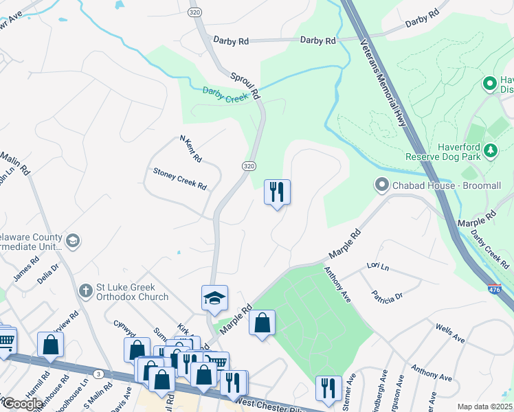map of restaurants, bars, coffee shops, grocery stores, and more near 341 Kent Road in Broomall