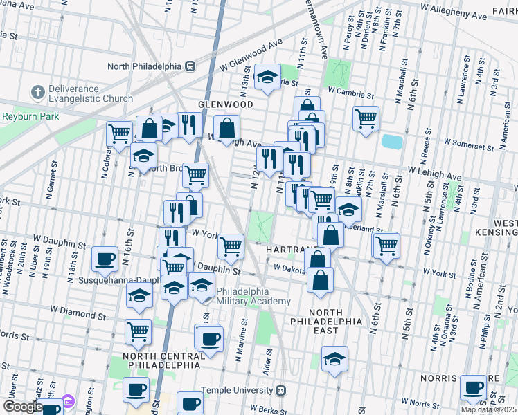 map of restaurants, bars, coffee shops, grocery stores, and more near 1131 West Cumberland Street in Philadelphia