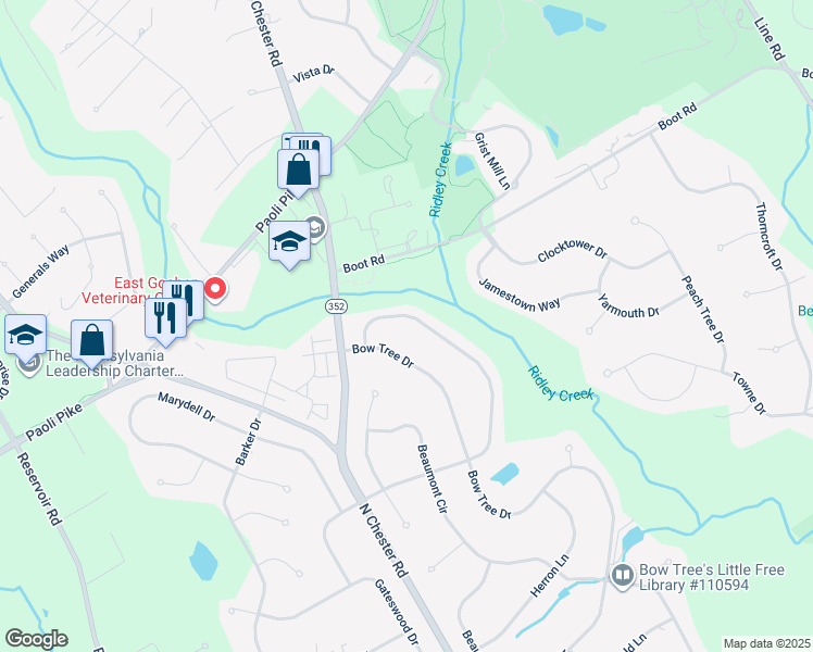 map of restaurants, bars, coffee shops, grocery stores, and more near 1641 Eldridge Drive in West Chester