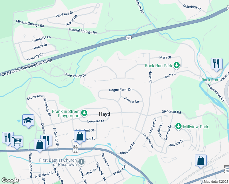 map of restaurants, bars, coffee shops, grocery stores, and more near 224 Dague Farm Drive in Coatesville