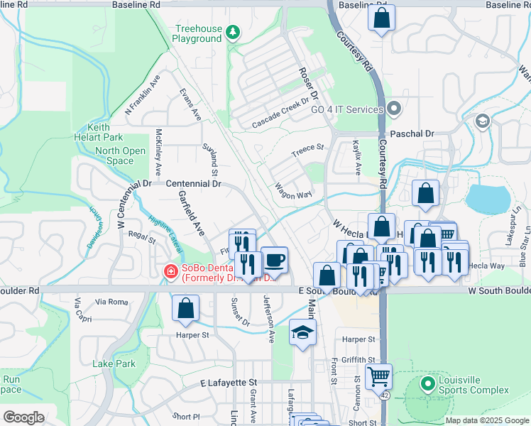 map of restaurants, bars, coffee shops, grocery stores, and more near 2024 Centennial Drive in Louisville