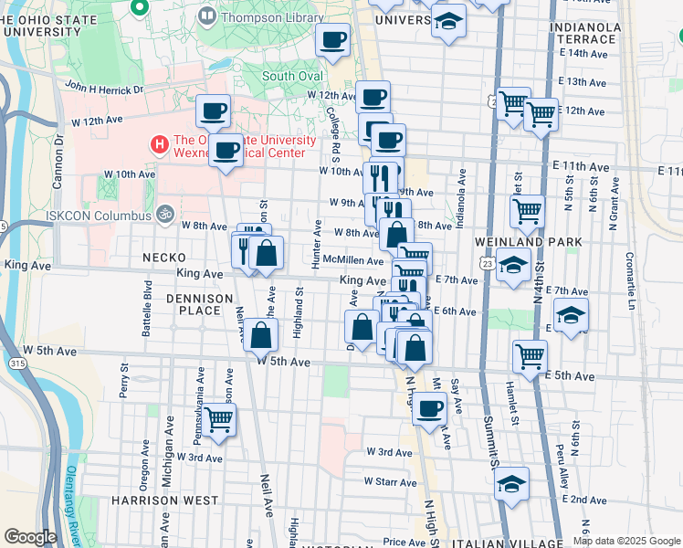 map of restaurants, bars, coffee shops, grocery stores, and more near 103 King Avenue in Columbus