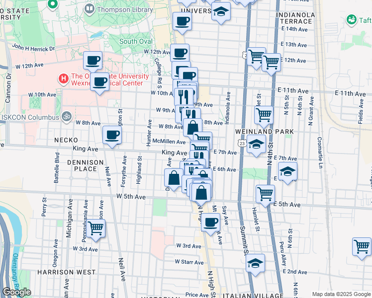 map of restaurants, bars, coffee shops, grocery stores, and more near 1379 North High Street in Columbus