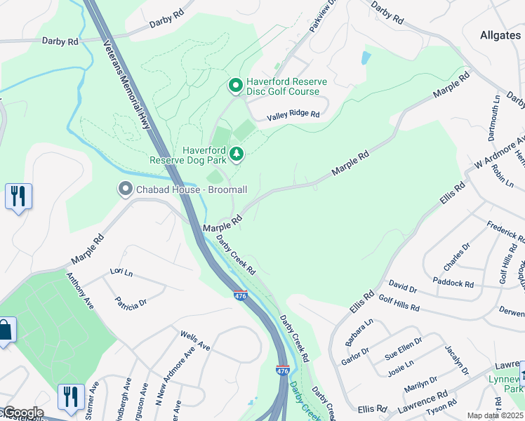 map of restaurants, bars, coffee shops, grocery stores, and more near 221 Marple Road in Haverford