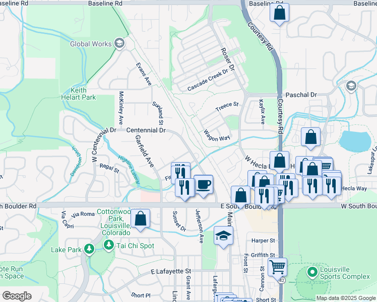 map of restaurants, bars, coffee shops, grocery stores, and more near 2002 Centennial Drive in Louisville