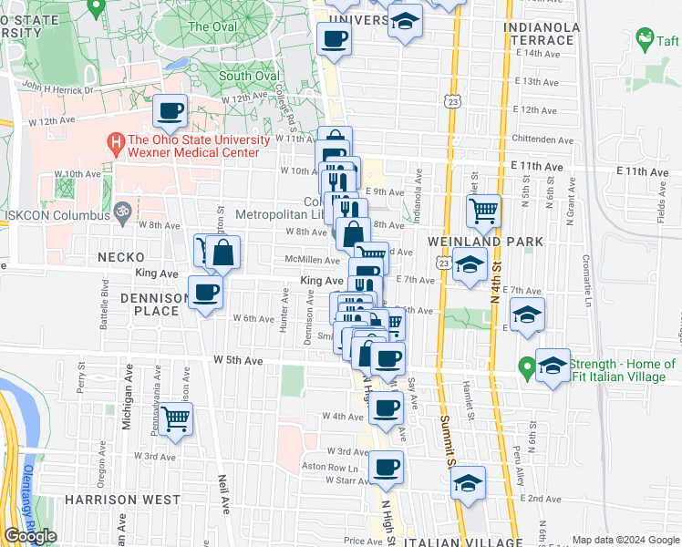 map of restaurants, bars, coffee shops, grocery stores, and more near 1379 High St in Columbus