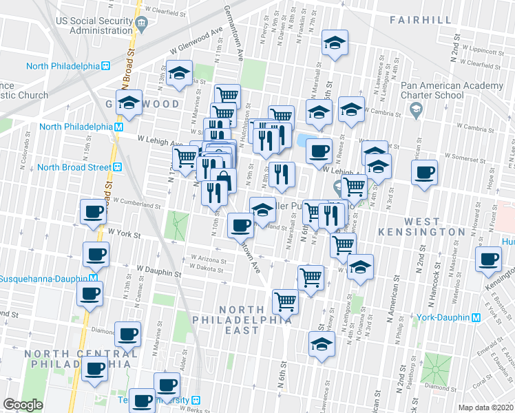 map of restaurants, bars, coffee shops, grocery stores, and more near 2536 North 8th Street in Philadelphia