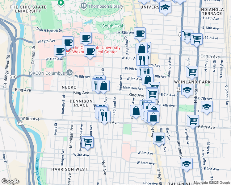 map of restaurants, bars, coffee shops, grocery stores, and more near 160 King Avenue in Columbus