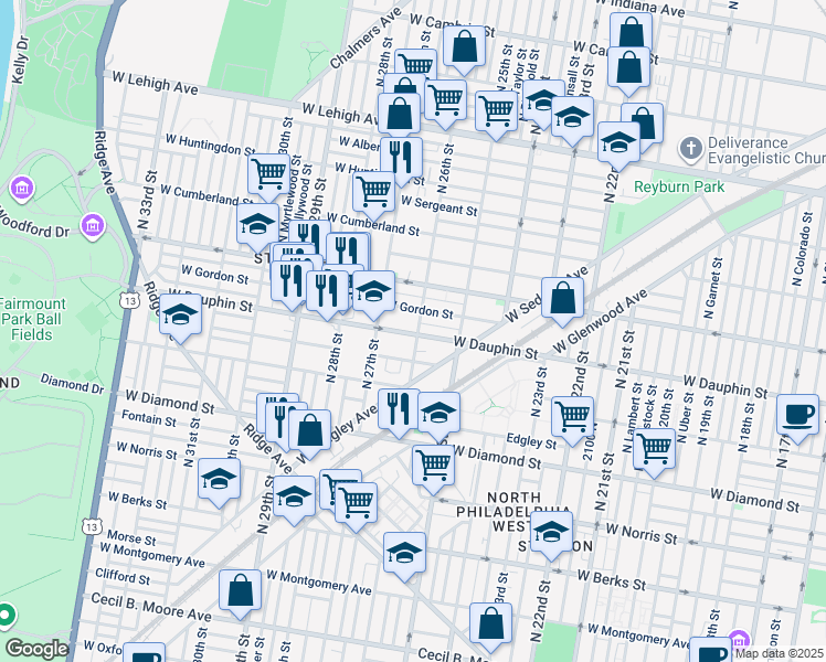 map of restaurants, bars, coffee shops, grocery stores, and more near 2300 North 26th Street in Philadelphia