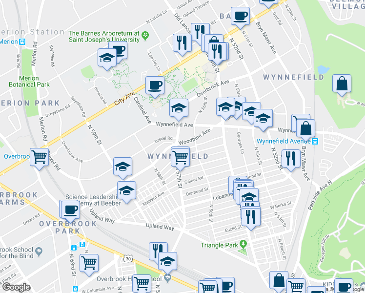 map of restaurants, bars, coffee shops, grocery stores, and more near 5636 Woodbine Avenue in Philadelphia