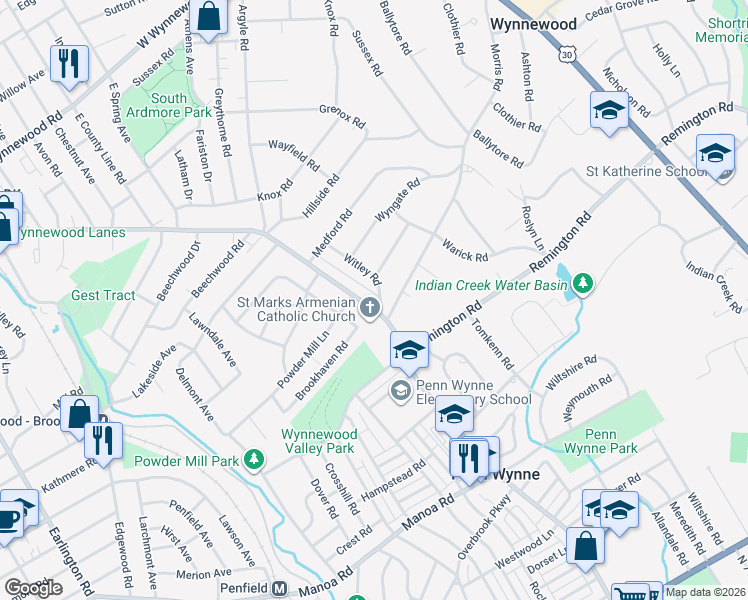 map of restaurants, bars, coffee shops, grocery stores, and more near 413 Rock Glen Drive in Wynnewood