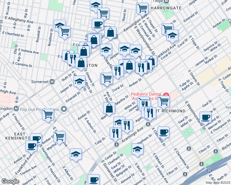 map of restaurants, bars, coffee shops, grocery stores, and more near 3028 Amber Street in Philadelphia