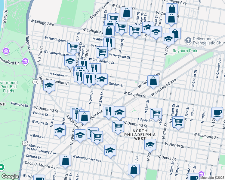 map of restaurants, bars, coffee shops, grocery stores, and more near 2300 North 26th Street in Philadelphia