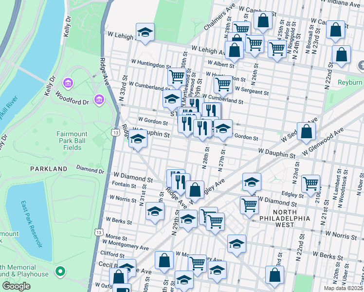 map of restaurants, bars, coffee shops, grocery stores, and more near 2913 West Fletcher Street in Philadelphia
