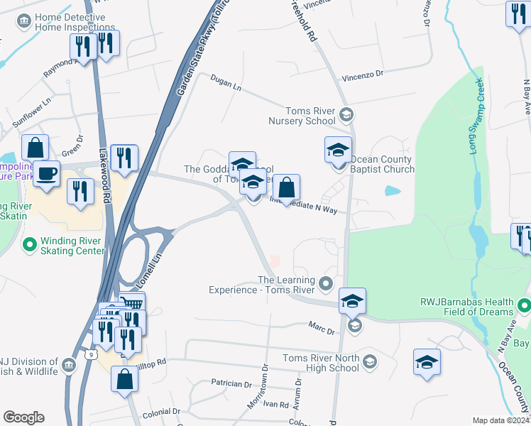 map of restaurants, bars, coffee shops, grocery stores, and more near 10-28 Bey Lea Road in Toms River