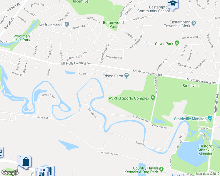 map of restaurants, bars, coffee shops, grocery stores, and more near 14 Gerber Lane in Mount Holly