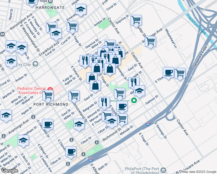 map of restaurants, bars, coffee shops, grocery stores, and more near 3469 Belgrade Street in Philadelphia