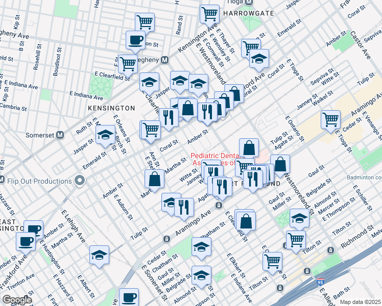 map of restaurants, bars, coffee shops, grocery stores, and more near 2129 East Clearfield Street in Philadelphia