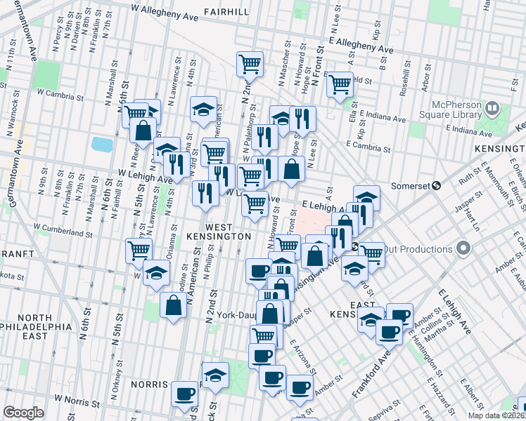 map of restaurants, bars, coffee shops, grocery stores, and more near 2613 Mutter Street in Philadelphia