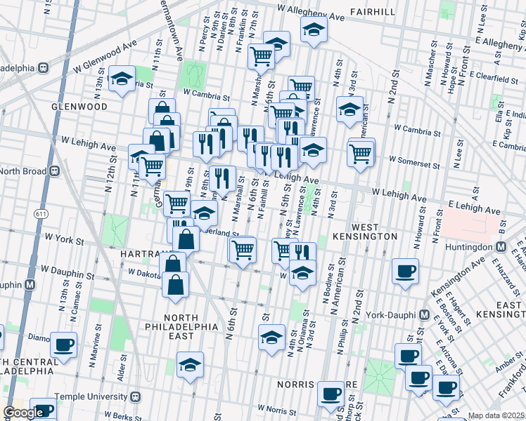 map of restaurants, bars, coffee shops, grocery stores, and more near 2533 North 6th Street in Philadelphia