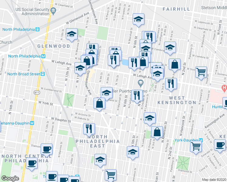map of restaurants, bars, coffee shops, grocery stores, and more near 2517 North 7th Street in Philadelphia