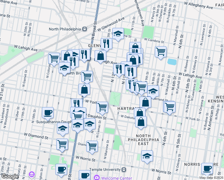 map of restaurants, bars, coffee shops, grocery stores, and more near 2460 North 12th Street in Philadelphia