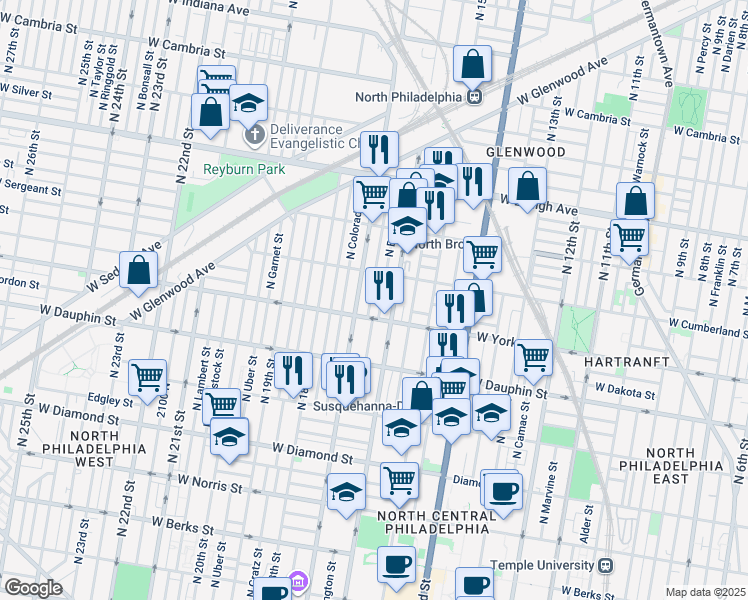 map of restaurants, bars, coffee shops, grocery stores, and more near 2427 North Chadwick Street in Philadelphia