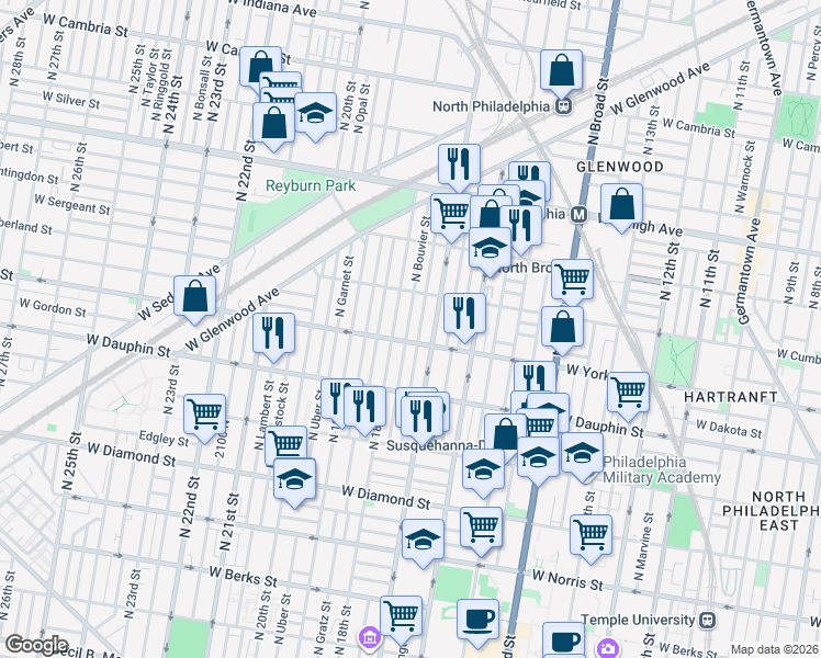 map of restaurants, bars, coffee shops, grocery stores, and more near 2400 North 17th Street in Philadelphia