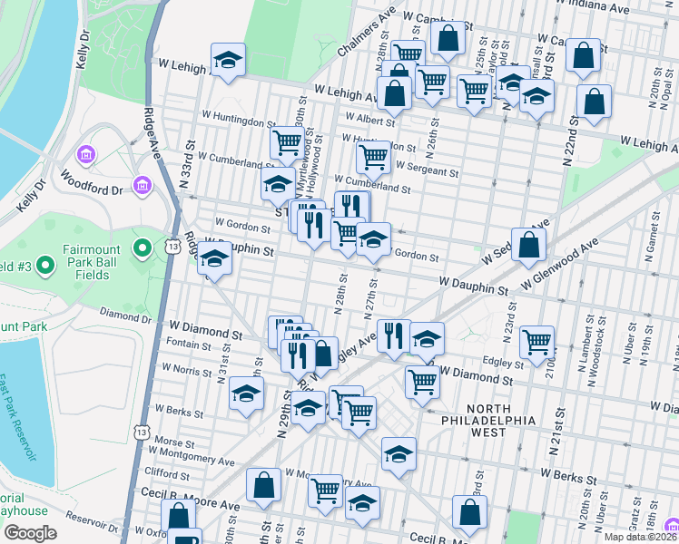 map of restaurants, bars, coffee shops, grocery stores, and more near 2226 North 28th Street in Philadelphia