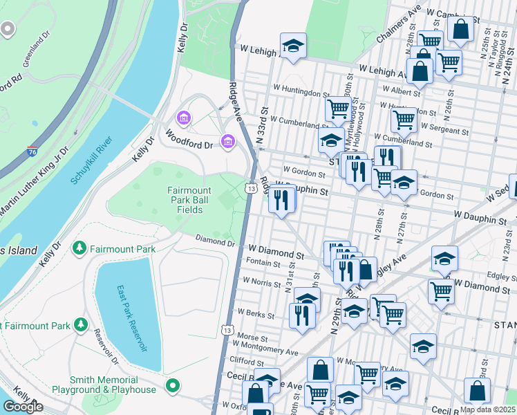 map of restaurants, bars, coffee shops, grocery stores, and more near 3224 West Susquehanna Avenue in Philadelphia