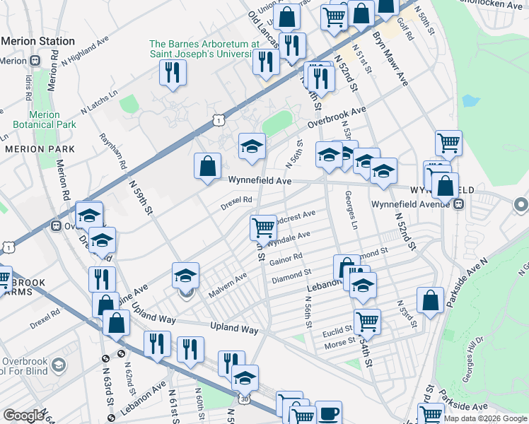 map of restaurants, bars, coffee shops, grocery stores, and more near 5631 Woodcrest Avenue in Philadelphia