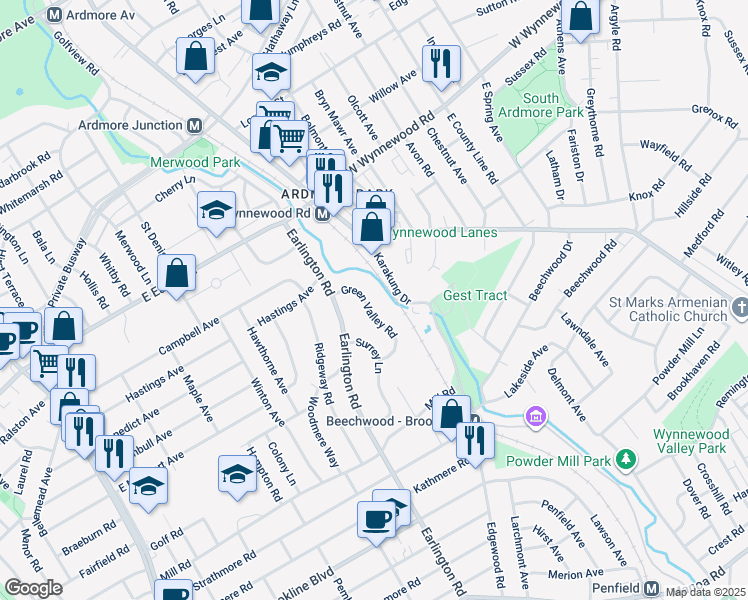 map of restaurants, bars, coffee shops, grocery stores, and more near 1735 Green Valley Road in Havertown